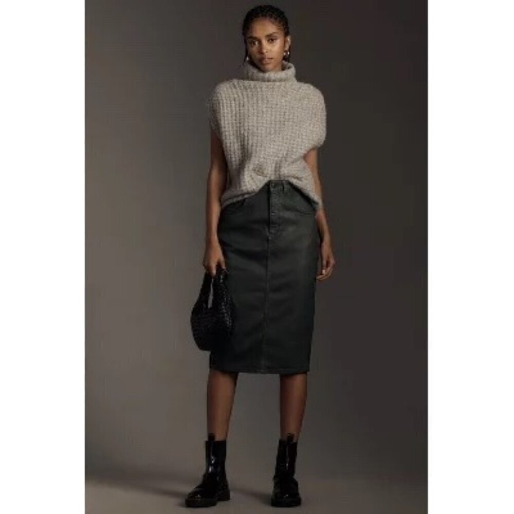 NWT Anthropologie Pilcro Coated Denim Pencil Skirt dark green 14